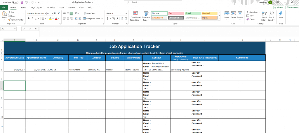 Microsft Excel Job Search Application Tracker
